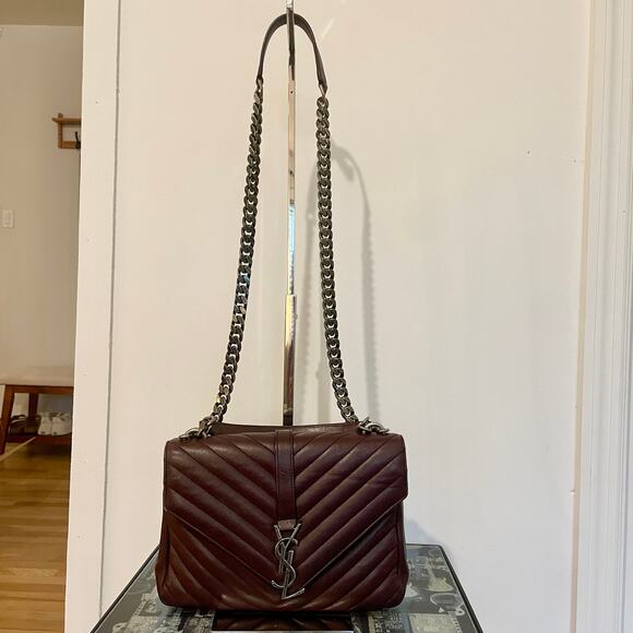 Saint Laurent YSL Medium College Shoulder Bag Chevron Quilted Burgundy Leather - Picture 1 of 15